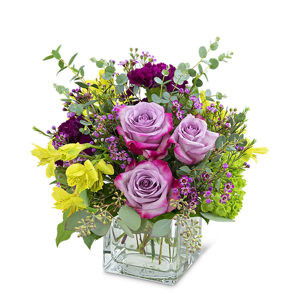 Perfect Plum - Are you wanting to send a sweet sentiment or gift? Our Perfect Plum design features long-lasting Alstroemeria, purple carnations and roses, hydrangea, premium foliage, and wax flower accents. Perfect Plum is a lovely way to send your love and appreciation! It will be the perfect complement to a home or office and will look stunning on a side table or desk.