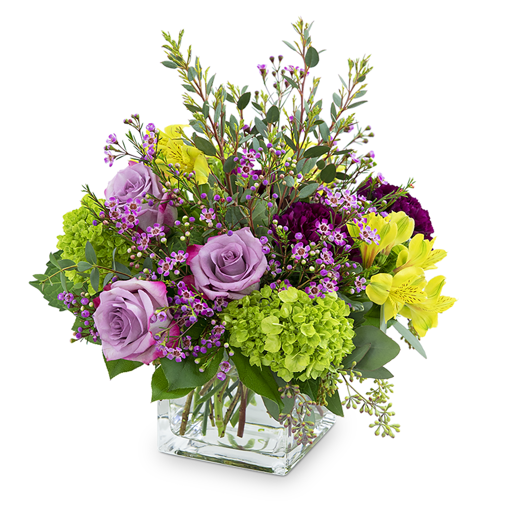 Plum Paradise - Are you wanting to send a sweet sentiment or gift? Our Plum Paradise design features long-lasting Alstroemeria, purple carnations and roses, hydrangea, premium foliage, and wax flower accents. Plum Paradise is a lovely way to send your love and appreciation! It will be the perfect complement to a home or office and will look stunning on a side table or desk.