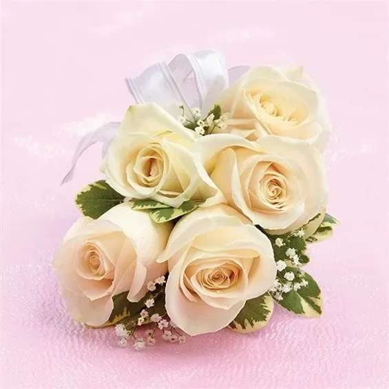 Caroline Corsage - The Caroline corsage will be beautiful on the wrist of the perfect girl. It is made with spray roses, baby's breath, and Pitt veragated and a satin white or beige color ribbon on a pearl bracelet. 