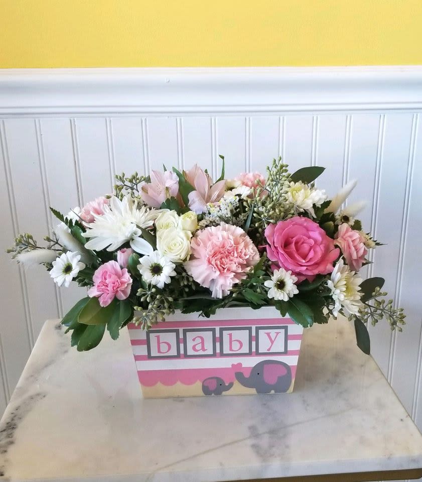  Darling Girl Bouquet - Charming shades of pink and green are artfully composed through a mix of roses, carnations and hydrangea blooms. Standard bouquet is approx. 10"H x 12"W. 