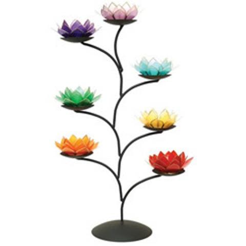 Colorful lotus-shaped candle holder tree on a black stand