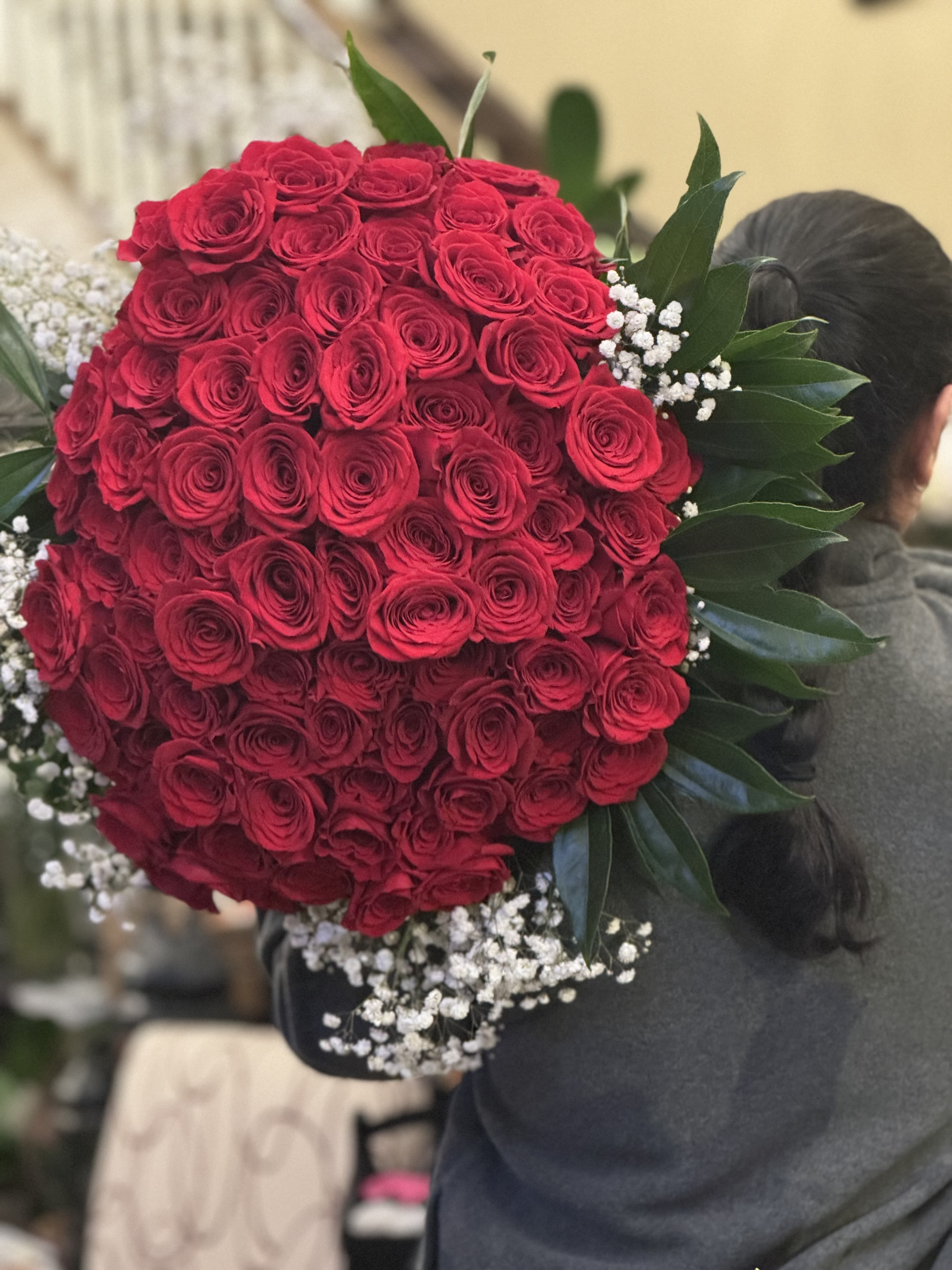 100 Roses Bouquet - Large bouquet of 100 stems of beautiful LONG STEM red roses. Vase Not included.