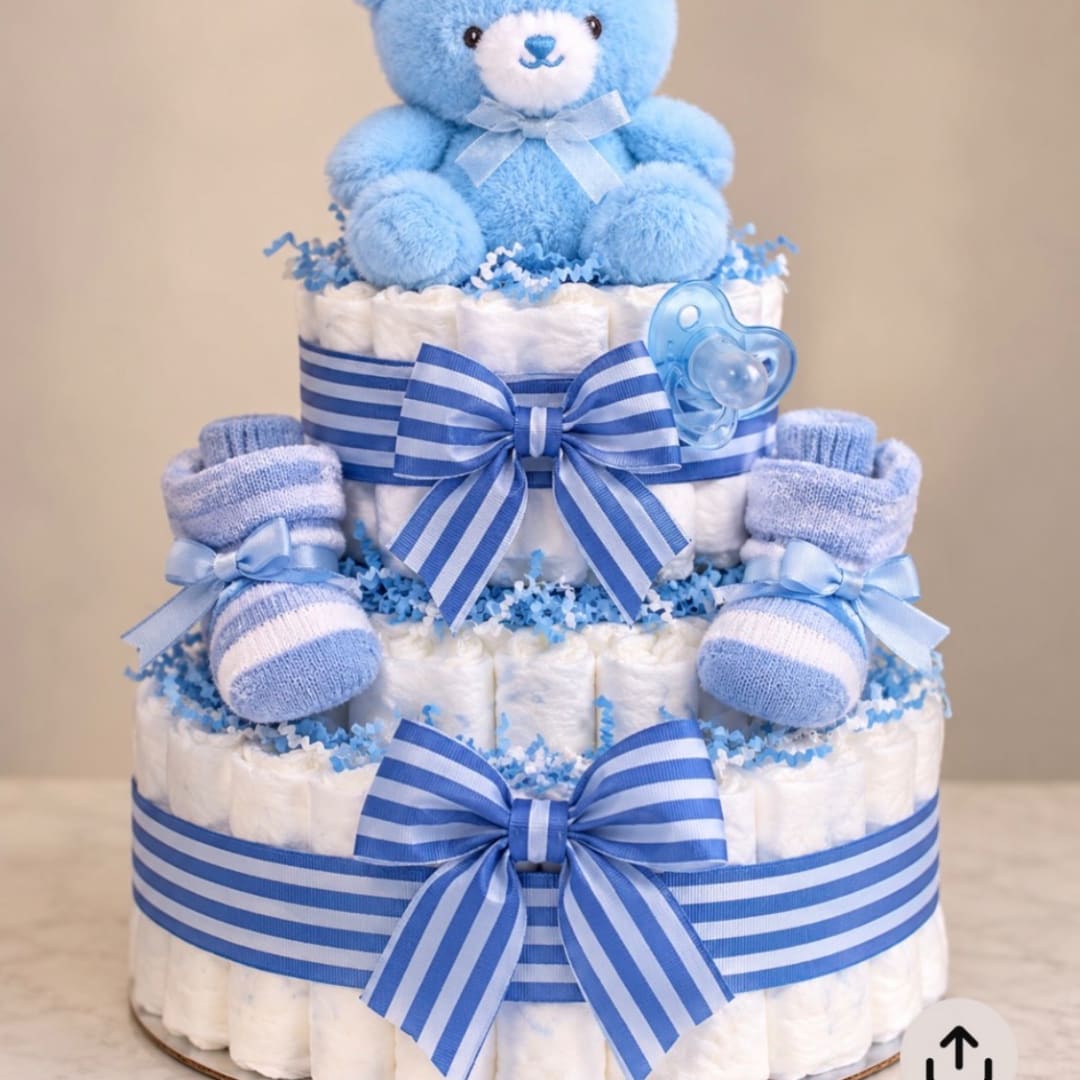 Blue teddy bear atop a diaper cake with striped ribbons and baby socks