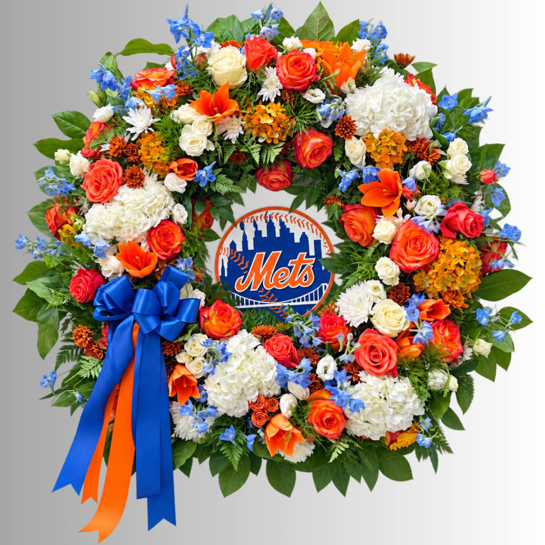 Circular floral wreath with a Mets logo in the center and a blue ribbon bow