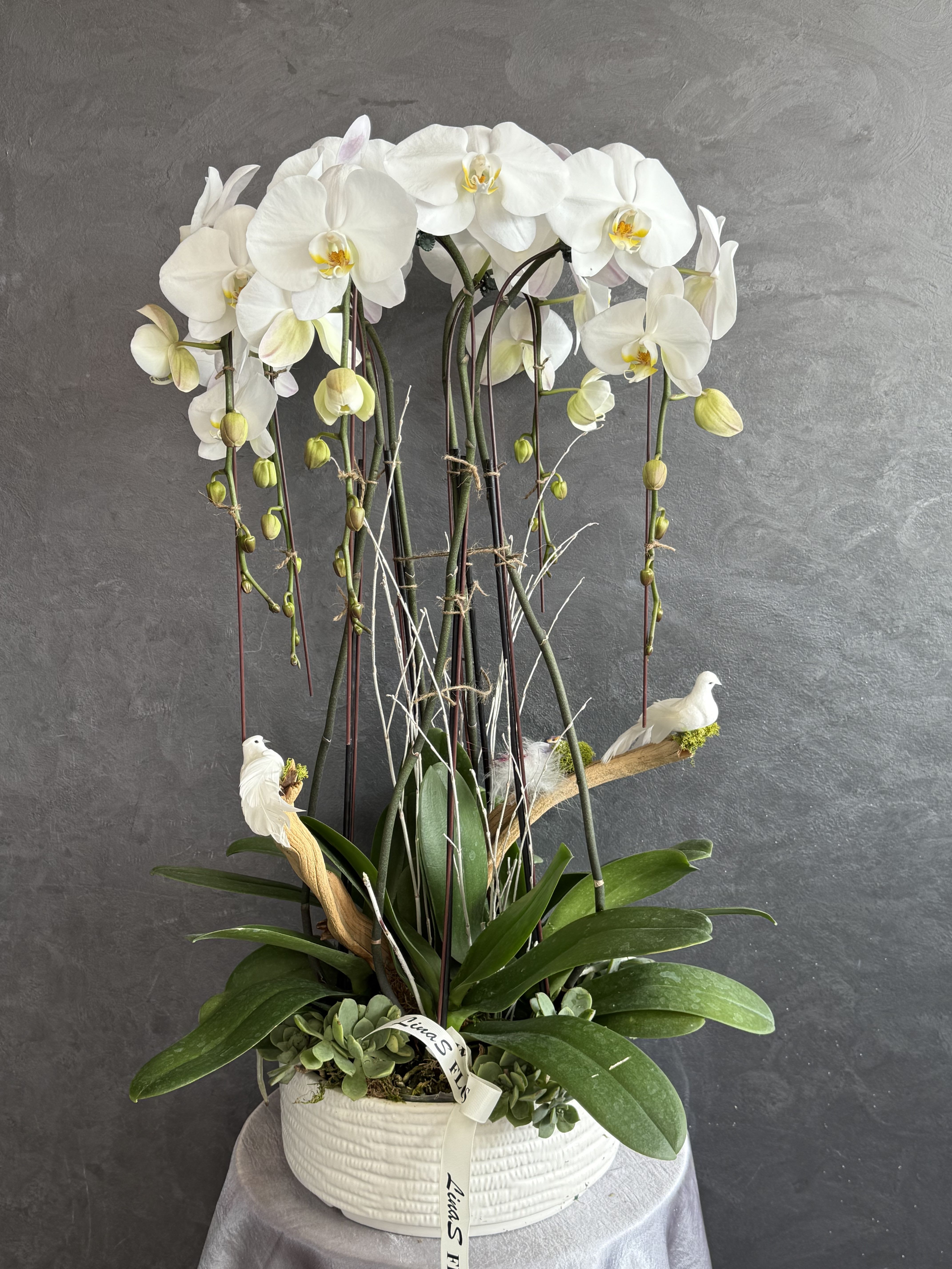 White orchids arranged in a white pot with small bird decorations