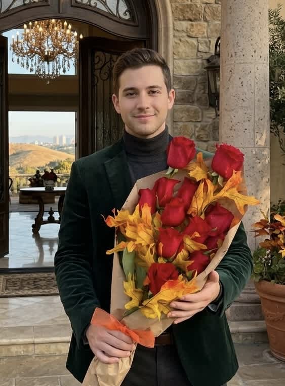 Man holding a bouquet of red roses wrapped in paper with autumn leaves