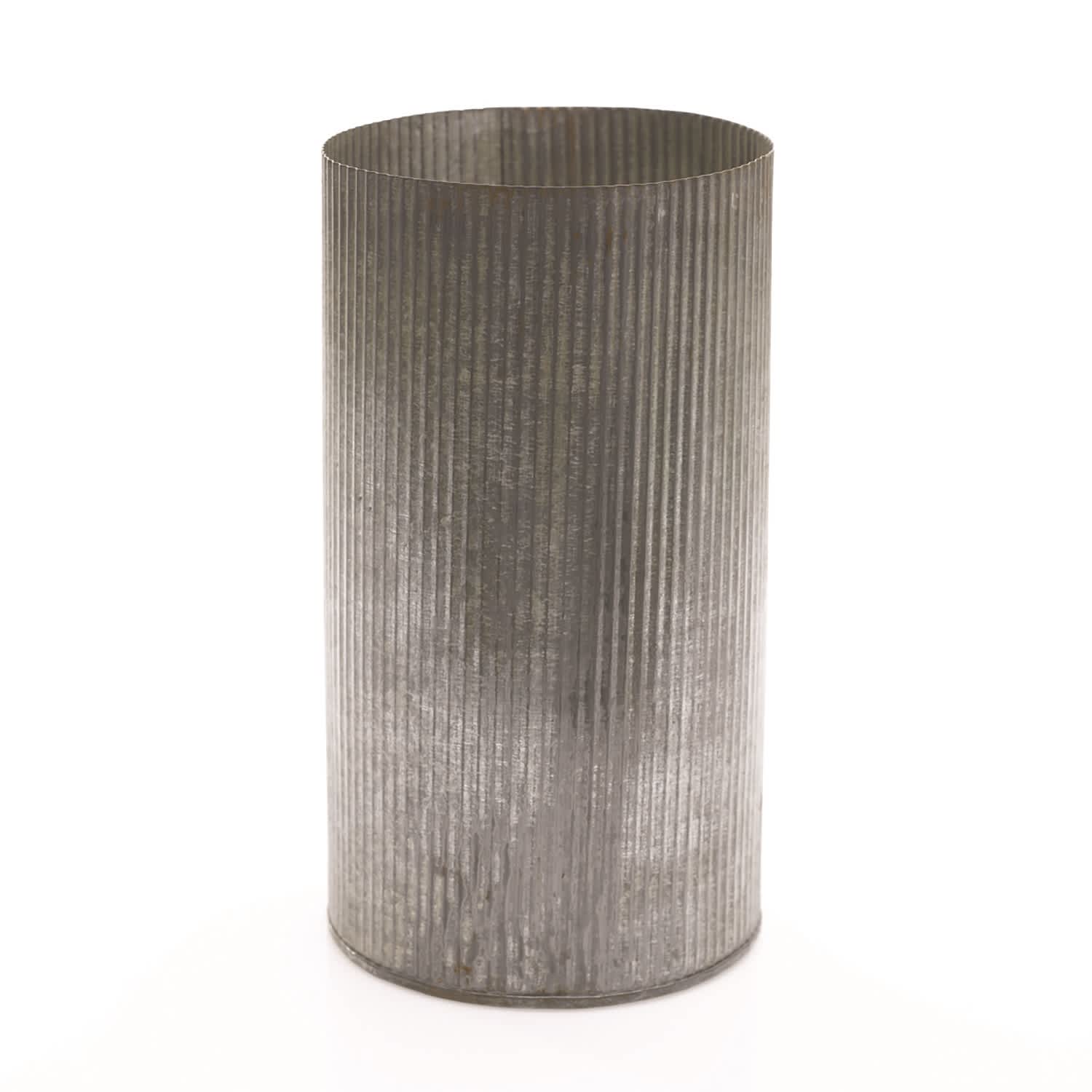 Tall ribbed metallic cylinder vase on a white background