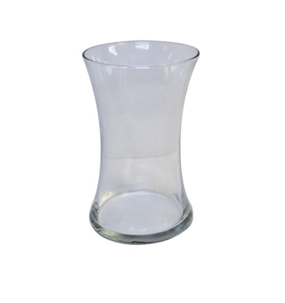 Clear hourglass-shaped glass vase on a white background