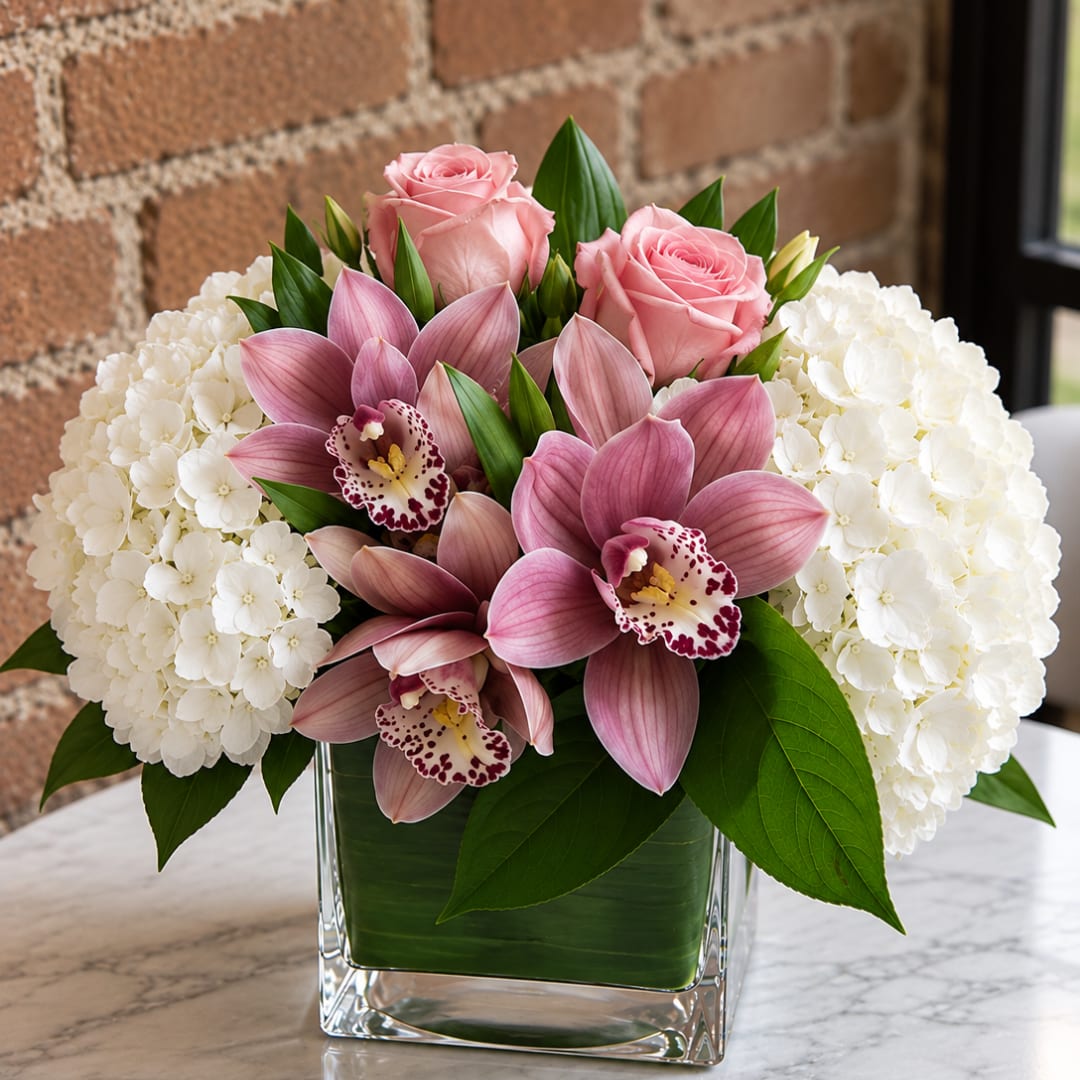 Pink roses and orchids arranged with white hydrangeas in a glass vase
