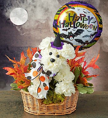 Halloween teddy bear arrangement in a wicker basket with a balloon