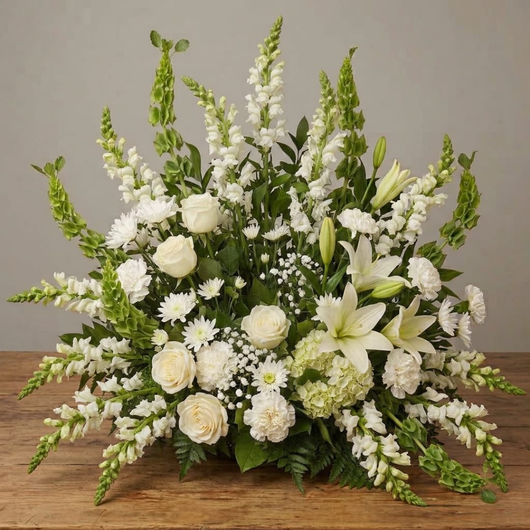 White floral arrangement with lilies, roses, and tall snapdragons