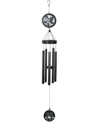Black memorial wind chime with a hummingbird cutout and "In Loving Memory" disc