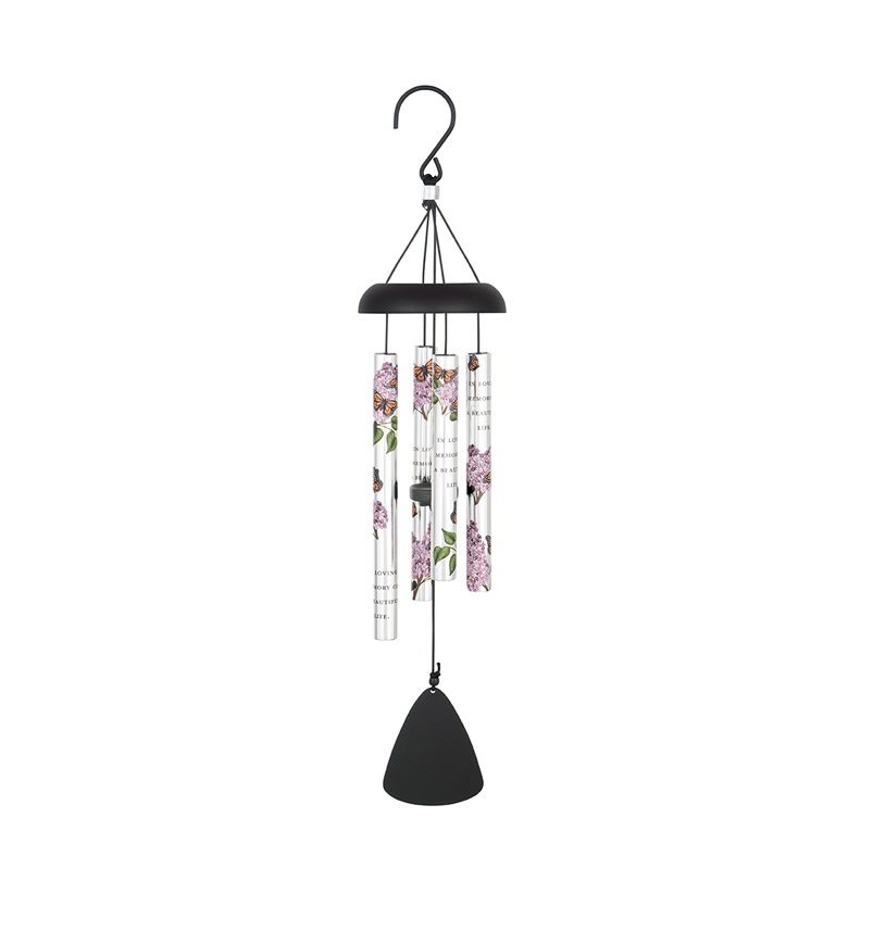 Black metal wind chime with floral printed tubes and a clapper
