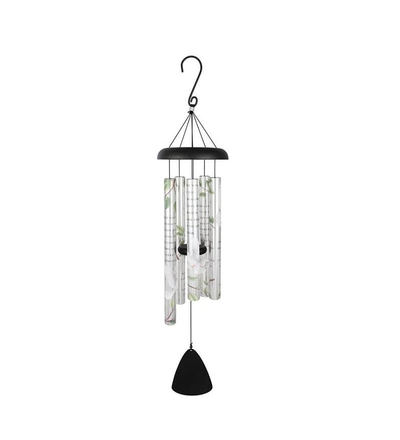Black hanging wind chime with silver tubes and a bell-shaped weight