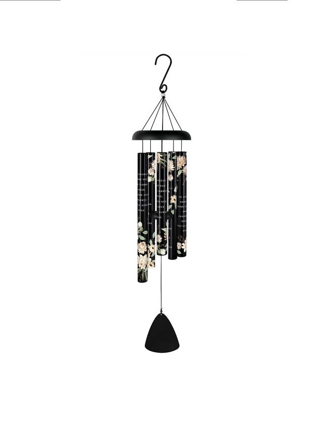 Black hanging wind chime with floral-print tubes and a bell