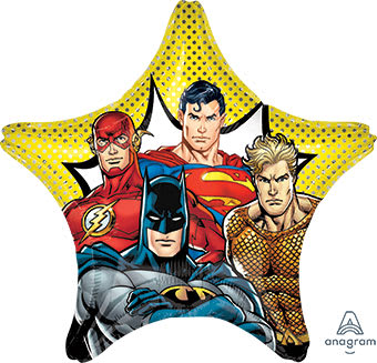 Star-shaped superhero balloon with Batman, Superman, Flash, and Aquaman