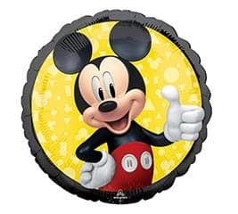 Mickey Mouse foil balloon giving a thumbs-up on a yellow background
