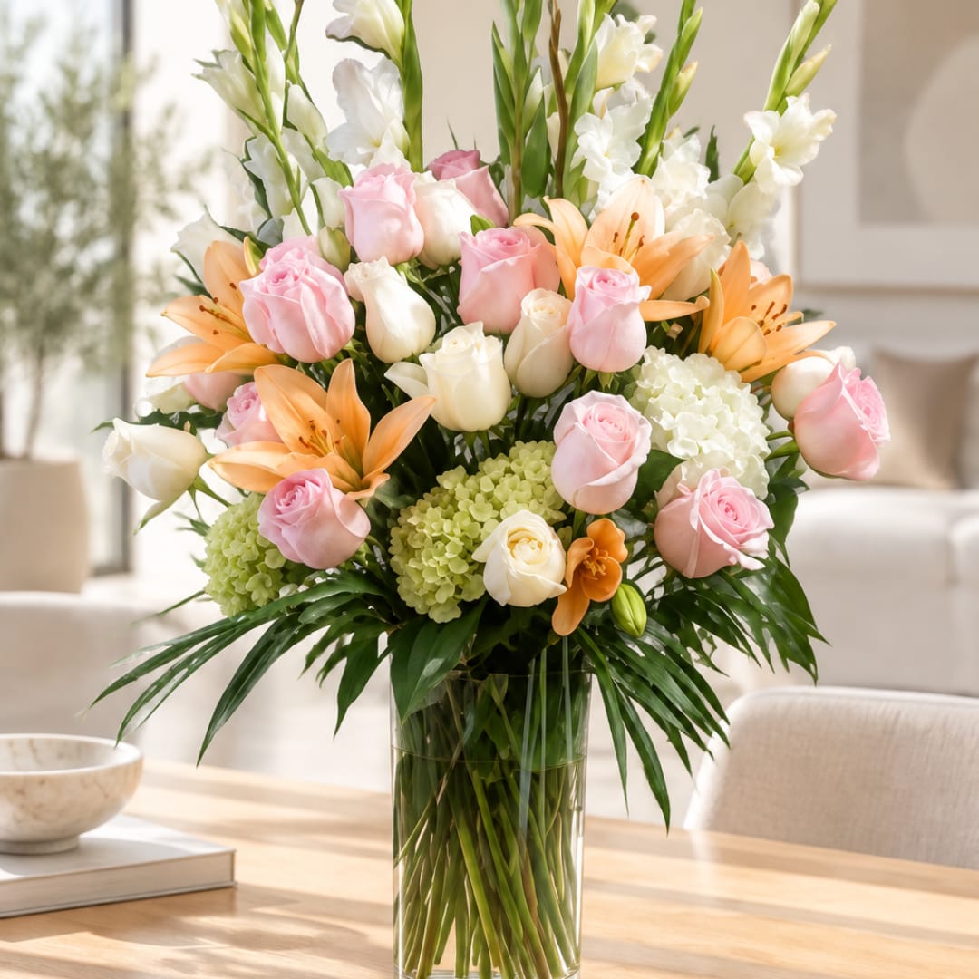 Pink roses and orange lilies in a clear glass vase