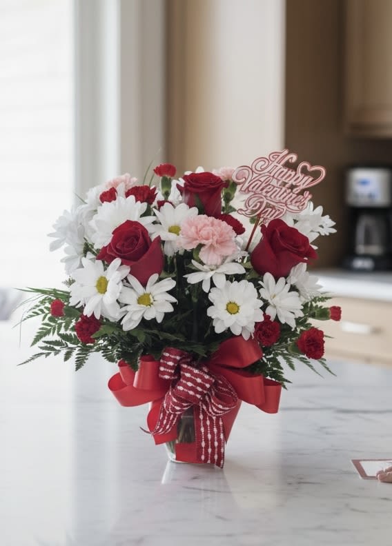 Bouquet of red roses, white daisies, and pink carnations in a glass vase