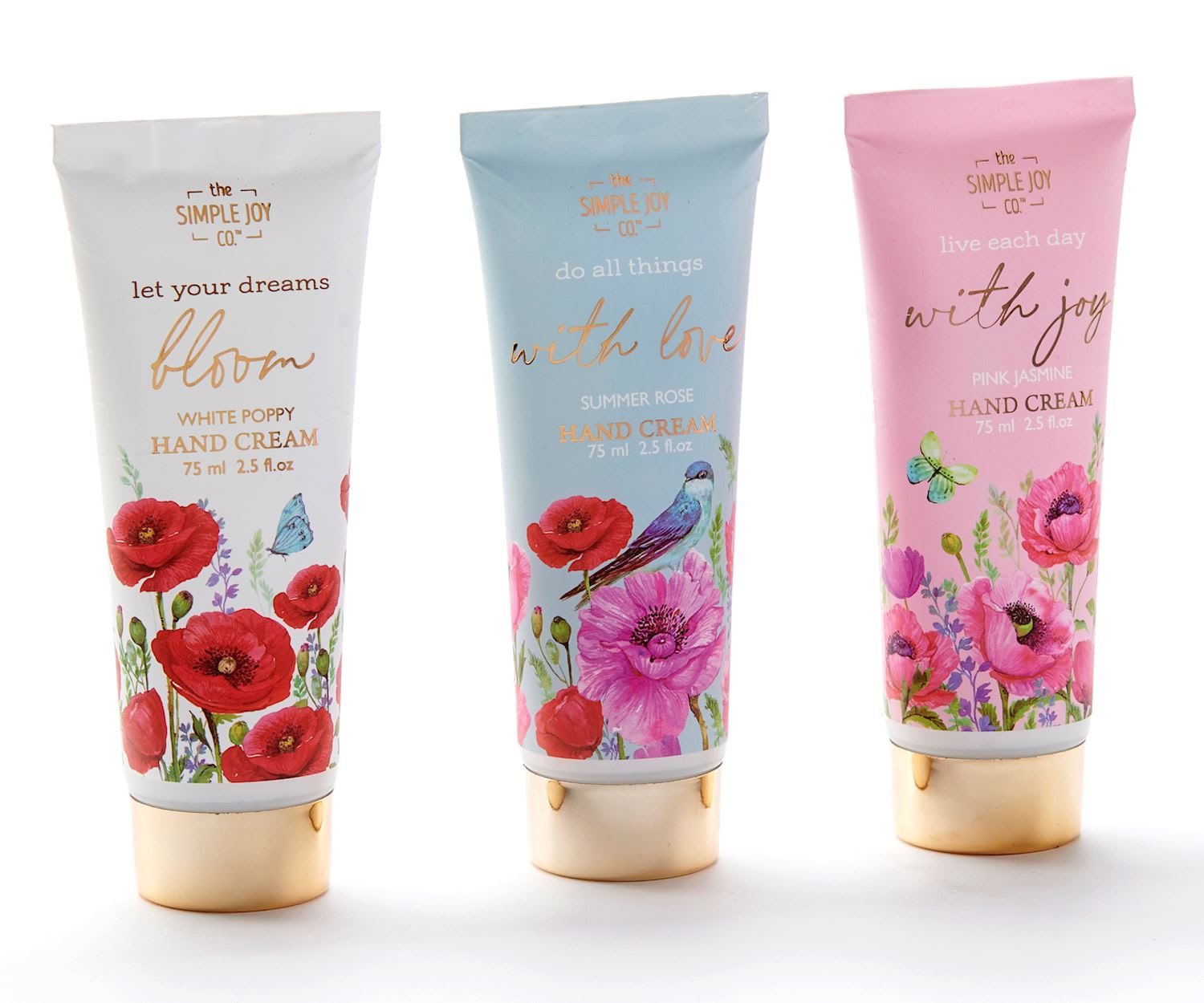 The Simple Joy Co. Hand Cream - $6.25 EACH. Keep hands looking, feeling and smelling their best with an enticingly scented moisturizing cream. Available in 3 assorted scents: Pink Jasmine, White Poppy and Summer Rose.