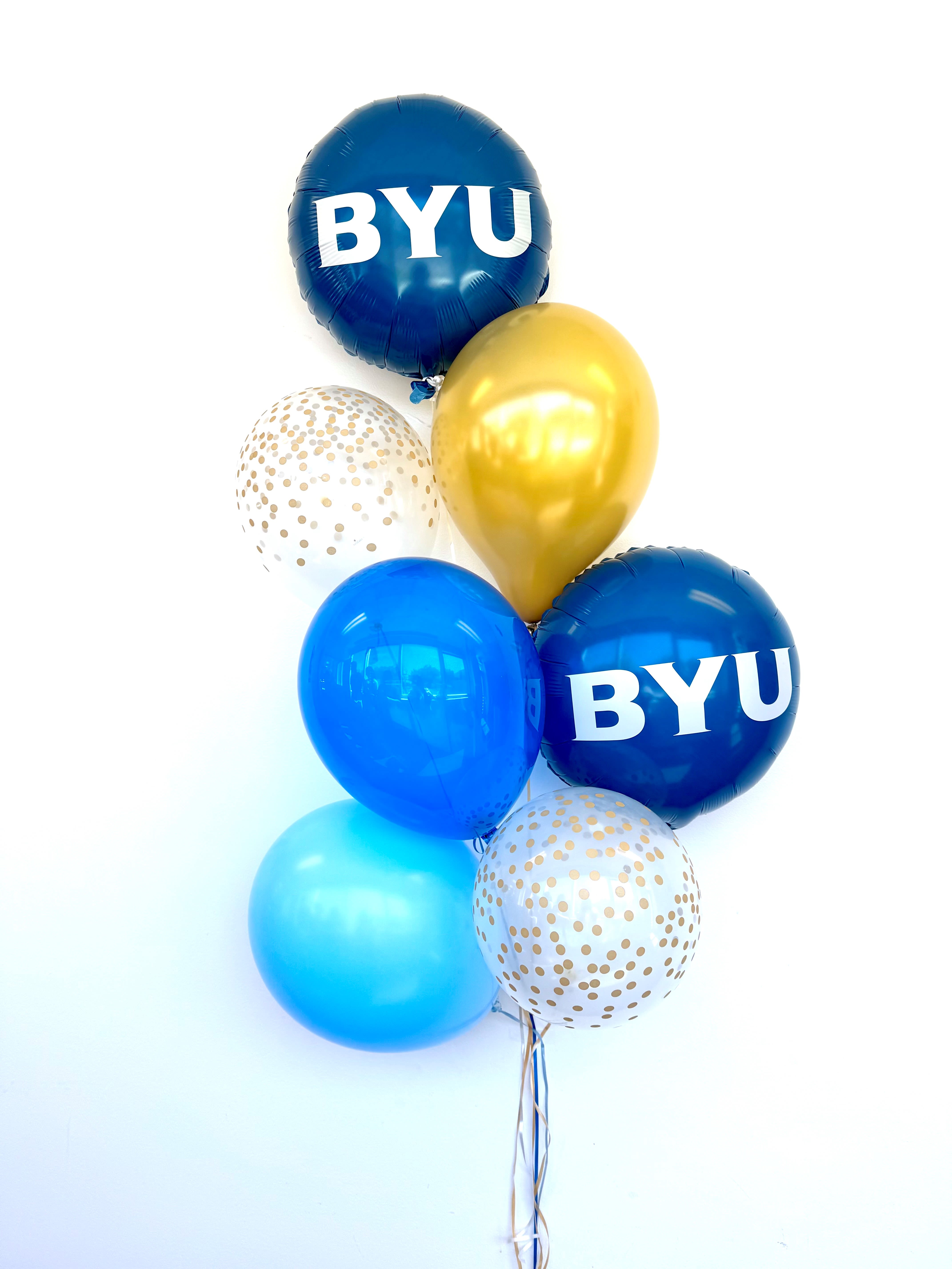 Celebrate BYU! - Celebrate 150 years of BYU with this festive helium-filled balloon bouquet! Designed in classic BYU celebratory colors. This arrangement adds the perfect pop to any celebration, whether it’s graduation, a tailgate, or a school event. Make your event unforgettable! This bouquet includes 2 BYU Mylars, 2 printed &amp; 3 plain latex balloons, and 1 balloon weight. 
