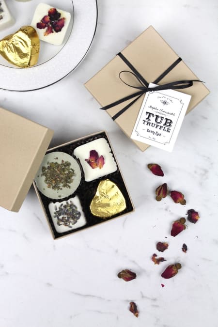 CeeCee &amp; Bee Tub Truffles Set - Zero Calorie Indulgence! Tub Truffles are made with rich wildcrafted cocoa butter, silky kaolin clay and laced ever so slightly with essential oils to turn your tub into a luxuriously rich aroma bath.   This Tub Truffles set is filled with four scents: Lavender, Rose, Rosemary Mint &amp; Grapefruit Eucalyptus. 