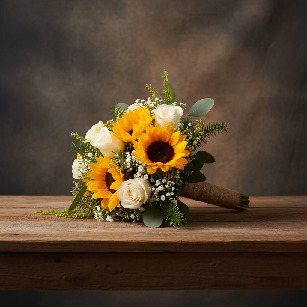 Bouquet of sunflowers and white roses on a wooden table