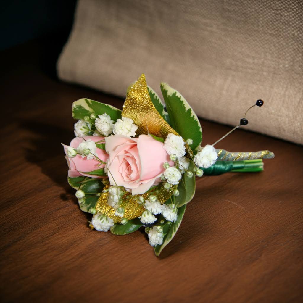 Boutonniere Pink Spray Roses Accented With Gold Leaves  - Boutonniere Pink spray Roses accented with gold leaves