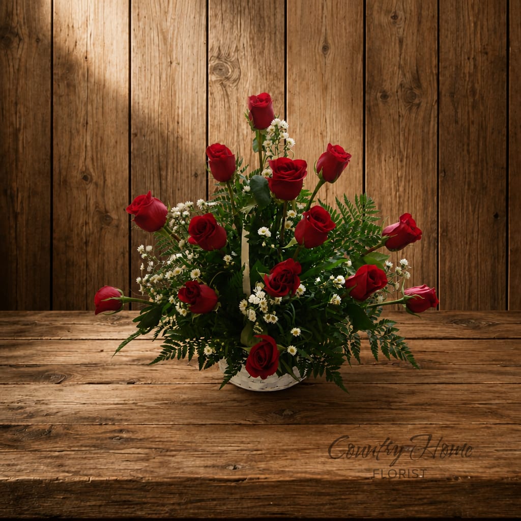 Red roses arranged in a white basket with small white filler flowers