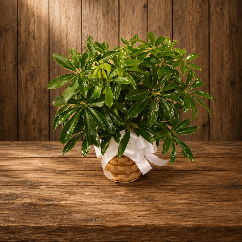 Potted green plant in a woven basket with a white ribbon