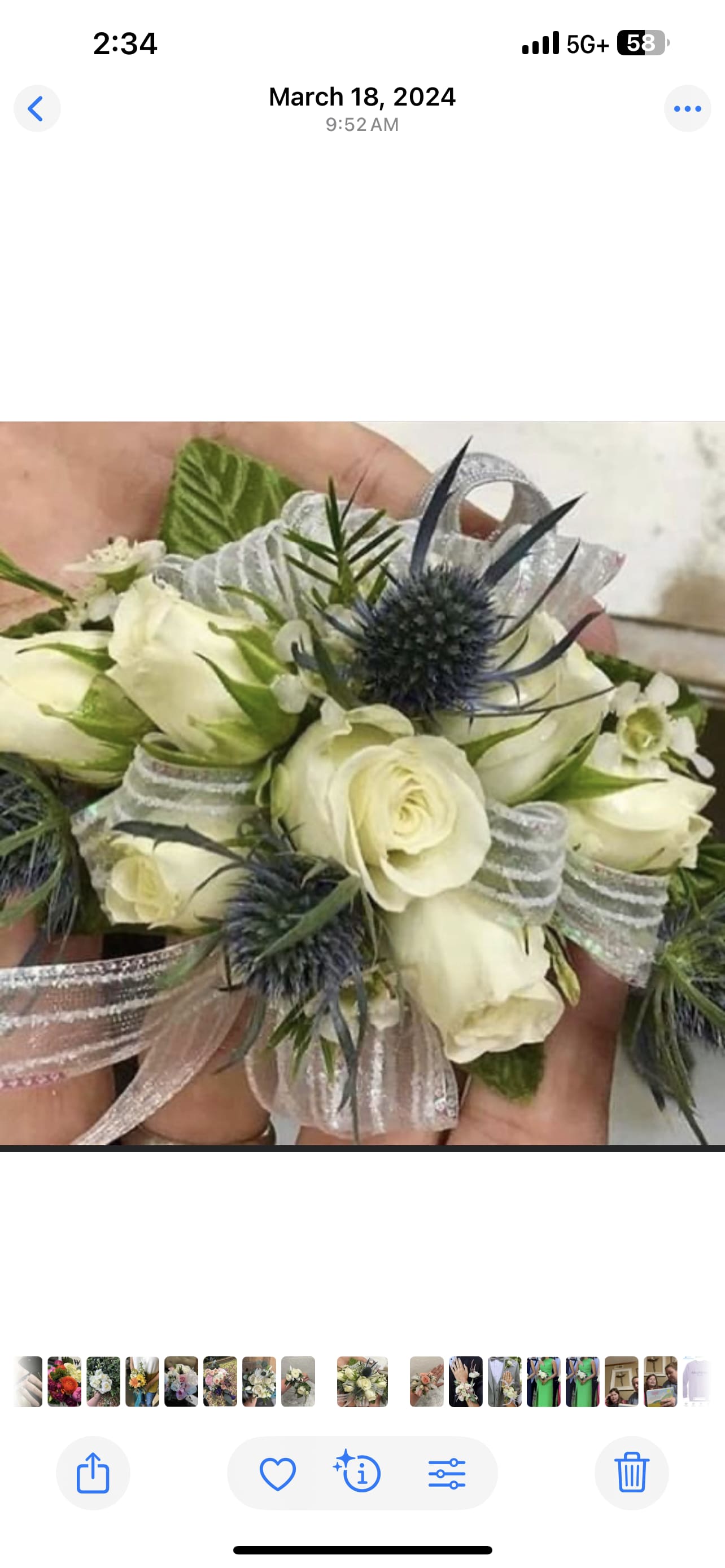 White spray rose and blue thistle wrist corsage with silver ribbon