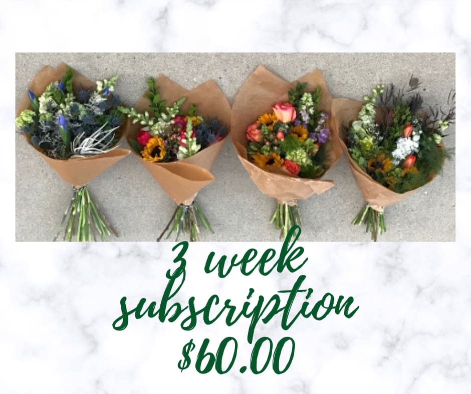 Four wrapped mixed flower bouquets on a marble background with subscription text