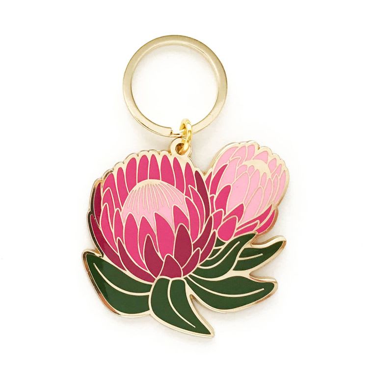 Pink flower enamel keychain with gold ring