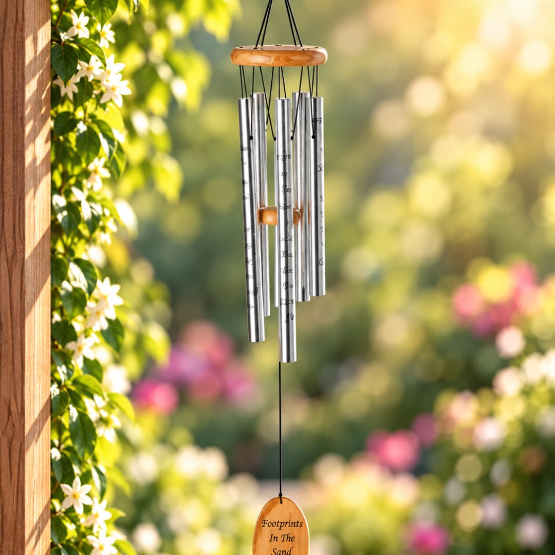 Silver wind chime hanging beside a flowering vine