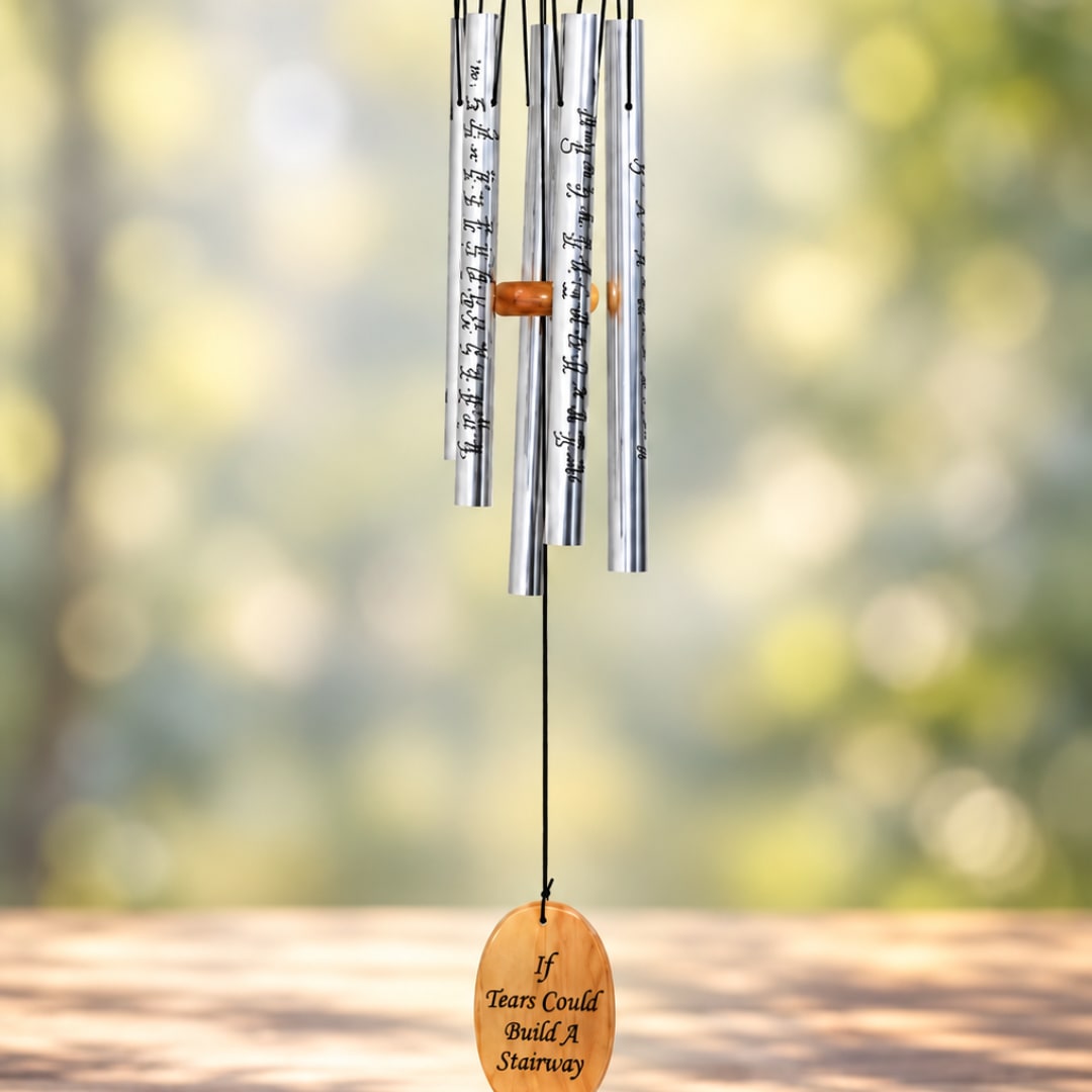 Hanging metal wind chime with a wooden plaque and engraved text