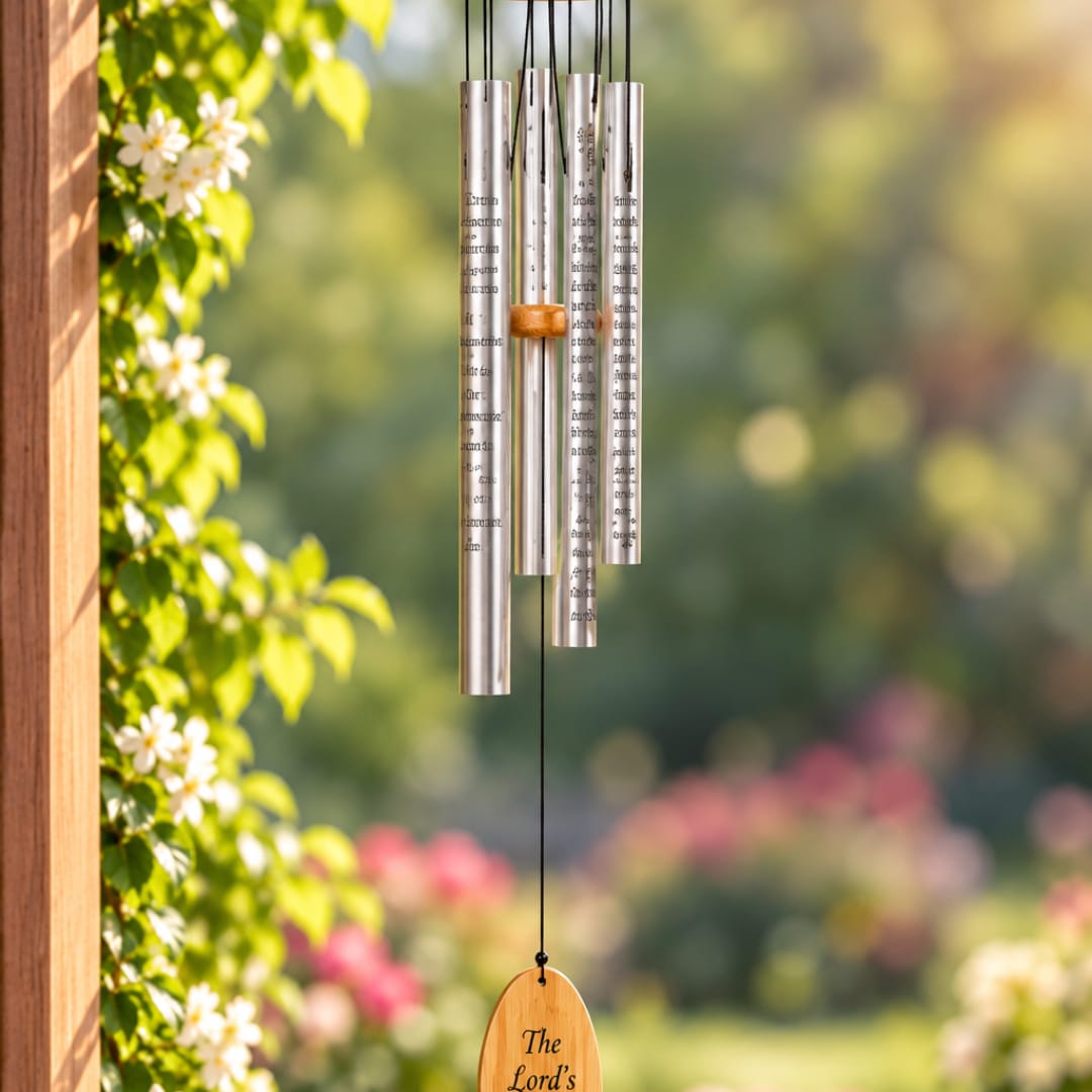 Silver wind chime with a wooden pendant hanging outdoors