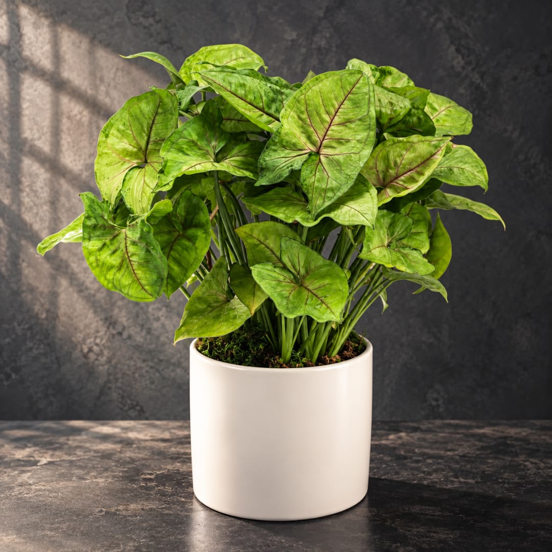 Potted green houseplant with arrow-shaped leaves in a white ceramic pot