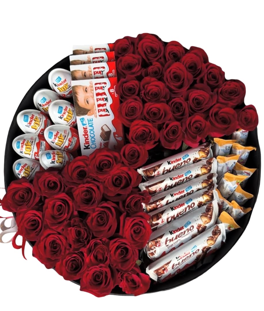 Round box of red roses with Kinder chocolates
