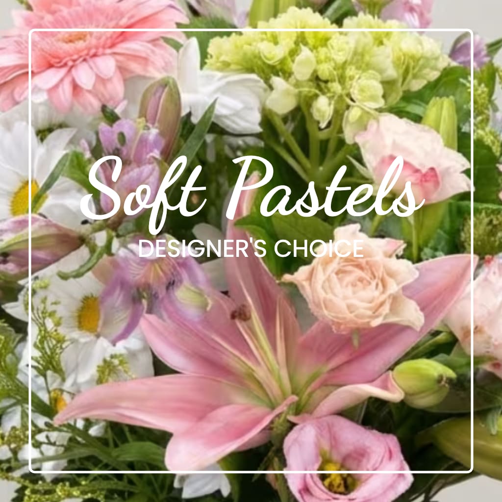 Pastel mixed bouquet with pink lilies, roses, and white daisies