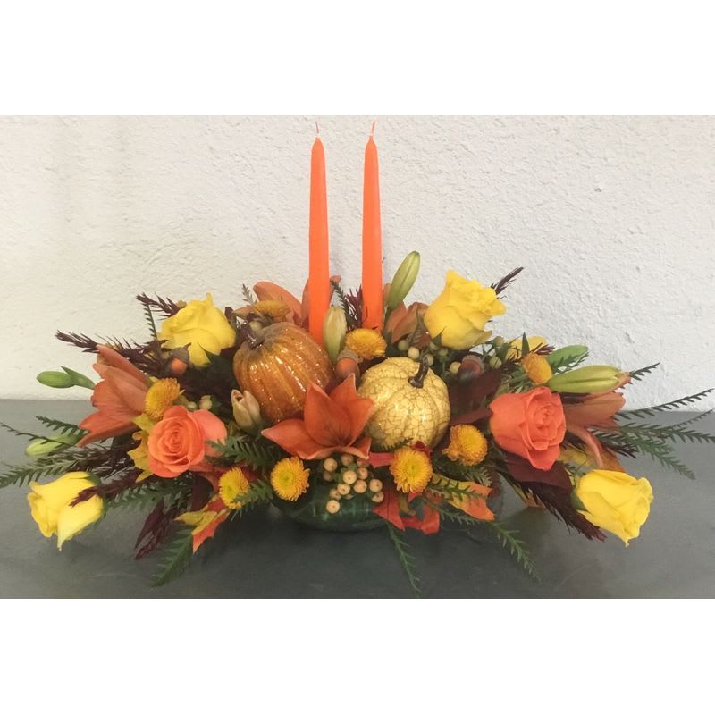Autumn Harvest Centerpiece - Beautiful Custom Signature Line Centerpiece. Glimmer of Autumn. Assorted fresh cut blooms. Product ID: DCFGAC 