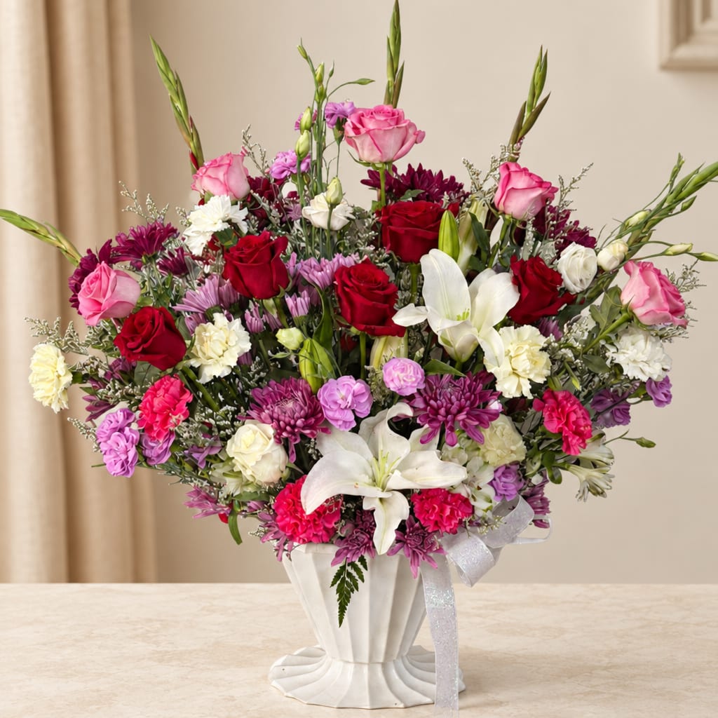 Large mixed bouquet of roses, lilies, and chrysanthemums in a white vase