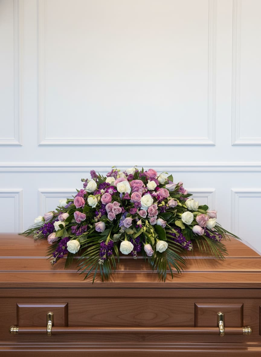 Lavender Grace Casket Spray - Honor a life with beauty, grace, and heartfelt remembrance with our Lavender Grace Casket Spray. This elegant floral tribute features a soft blend of lavender, blush, and white blooms, thoughtfully arranged with lush greenery to create a peaceful and comforting display.  Designed to rest gracefully atop the casket, this arrangement symbolizes love, remembrance, and the gentle beauty of a life well lived. The soft color palette offers a sense of calm and serenity, making it a meaningful choice for funeral services, memorials, or celebration of life ceremonies.  Each piece is carefully handcrafted by our floral designers with compassion and attention to detail, ensuring a tribute that reflects both dignity and love.  Serving Rancho Cucamonga and the Inland Empire, we are honored to help you express your condolences with care, respect, and heartfelt intention during this difficult time.