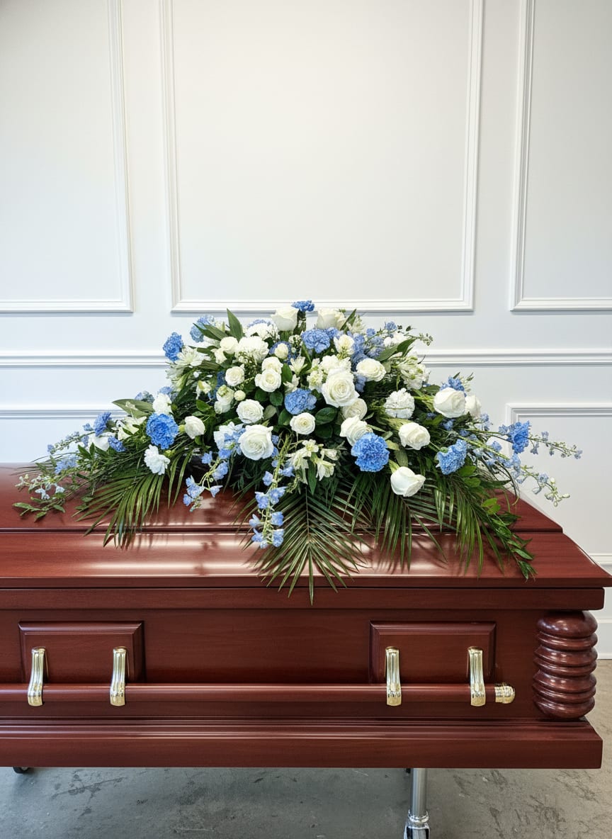 Serene Blue &amp; White Casket Spray - Express your love, sympathy, and heartfelt remembrance with our Serene Blue &amp; White Casket Spray. This elegant floral tribute features a peaceful blend of white roses, soft blue hydrangea, and seasonal blooms, beautifully accented with lush greenery.  Designed with a flowing, natural shape, this arrangement offers a sense of calm, comfort, and quiet strength—symbolizing peace, love, and everlasting memory.  Gracefully arranged to rest atop the casket, this piece is a meaningful choice for funeral services, memorials, or celebration of life ceremonies, offering a gentle and dignified tribute to your loved one.  Each arrangement is carefully handcrafted with compassion and attention to detail, ensuring a beautiful and respectful expression of sympathy.  Serving Rancho Cucamonga and the Inland Empire, we are honored to help you convey your condolences with care, grace, and heartfelt intention.