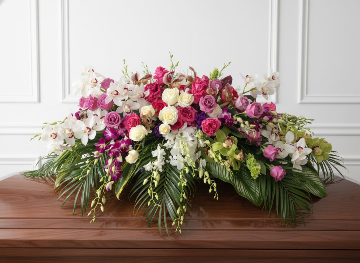 Eternal Elegance Luxury Casket Spray - Honor a life with beauty, love, and timeless elegance with our Eternal Elegance Luxury Casket Spray. This full, lavish floral tribute features an abundant blend of premium roses, orchids, and seasonal blooms in soft pinks, whites, and rich garden tones.  Designed with a flowing, garden-inspired style, this arrangement is layered with lush greenery and cascading accents, creating a graceful and elevated presentation that reflects both beauty and remembrance.  This full-size casket spray offers a powerful and heartfelt tribute, symbolizing love, honor, and the lasting memory of a life deeply cherished. Its rich textures and elegant color palette bring warmth, comfort, and dignity to funeral services, memorials, or celebration of life ceremonies.  Each piece is thoughtfully handcrafted with compassion and attention to detail, ensuring a one-of-a-kind arrangement that expresses your deepest condolences with care and respect.  Serving Rancho Cucamonga and the Inland Empire, we are honored to help you create a meaningful tribute during this difficult time.