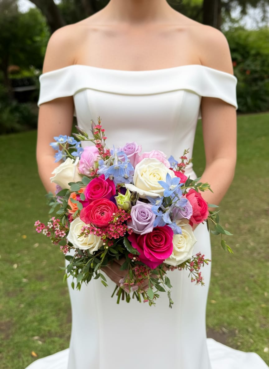 Colorful Garden Bridal Bouquet - Soft, romantic, and full of natural beauty, our Whimsical Garden Bridal Bouquet is designed for the modern bride who loves color, texture, and a fresh garden inspired look. Featuring a stunning blend of premium roses, ranunculus, delphinium, and seasonal blooms, this bouquet is rich in movement, softness, and effortless elegance. The combination of soft pastels and vibrant accents creates a perfectly balanced design that feels both playful and refined ideal for outdoor weddings, garden ceremonies, and brides who want something unique and unforgettable. Each bouquet is thoughtfully handcrafted by our floral designers, ensuring every piece is one-of-a-kind and tailored to reflect your personal style.  Serving Rancho Cucamonga and the Inland Empire, Orange County LA County and San Bernardino we specialize in custom wedding florals designed to bring your vision to life. Contact us today to begin creating your perfect wedding flowers.