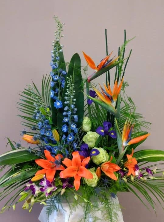 Tropical flower arrangement with orange birds of paradise and blue blooms