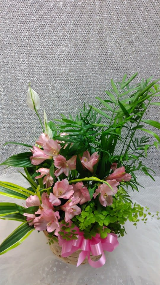 Basket arrangement of pink flowers with white blooms and lush greenery