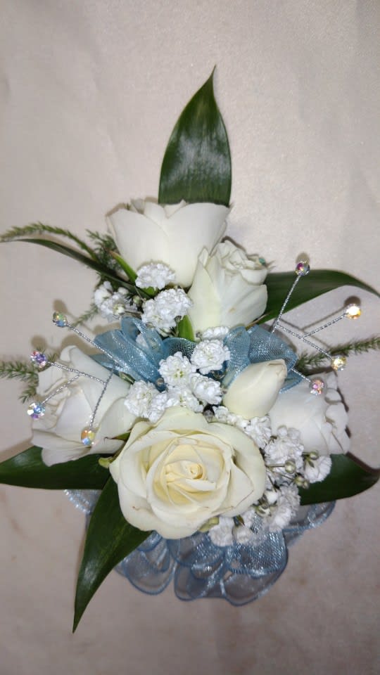 White rose bouquet with blue ribbon and crystal picks