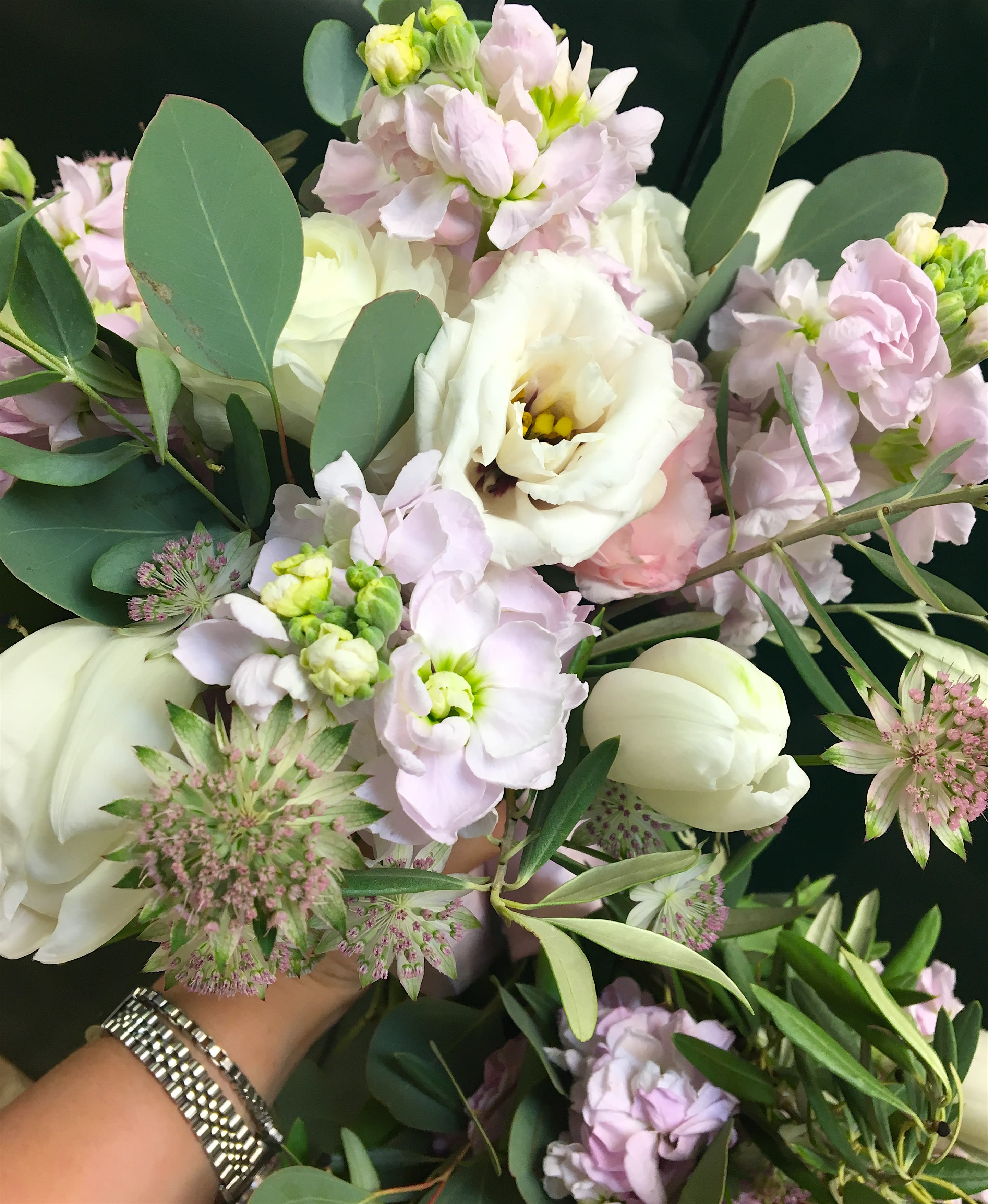 Pastels flower and eucalyptus bouquet - Collection always resemble the picture in look and feel but exact collection may vary to ensure the use of our freshest and best blossoms of the day. This is a hand tied bouquet, add a vase if you like.