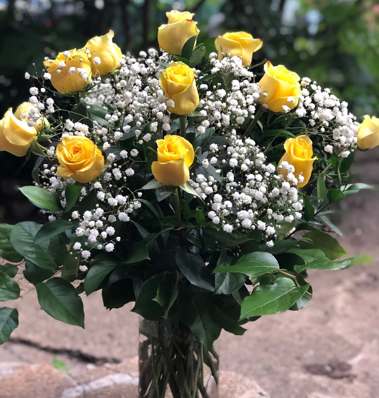 Yellow Roses Sunshine - A beautiful dozen of long stem yellow roses arranged in a vase with lush greenery and gentle gypsophila. Upgrades provide extra stems, respectively 24 for deluxe and 36 on premium.
